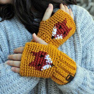 Handmade Gold Fox Fingerless Gloves, Yellow Wrist Warmers Made in Canada